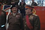 Konstantin Rokossovsky, Bernard Montgomery, and Georgy Zhukov reviewing a parade at Brandenburg Gate, Berlin, Germany, 12 Jul 1945