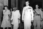 Lady Edwina Mountbatten, C. Rajagopalachari, and Lord Louis Mountbatten at Darbar Hall of Government House, New Delhi, India, 1947