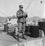 Colonel Lewis Puller reading the US Marine Corps Birthday Proclamation, Korea, 10 Nov 1950