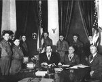 President of Boy Scouts of America Walter Head, US President Franklin Roosevelt, and Chief Scout Executive James West at the Oval Office, White House, Washington DC, United States, 8 Feb 1937