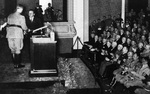 Alfred Rosenberg presenting a Nazi Party cultural award to German playwright Hanns Johst at the opera house in Nürnberg, Germany, 11 Sep 1935