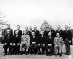 Prime Minister Kijuro Shidehara with his cabinet, Tokyo, Japan, 9 Oct 1945, photo 1 of 2; note Mitsumasa Yonai and Shigeru Yoshida in front row