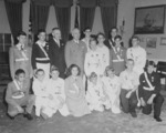 US President Harry Truman with Lou Holland and children of Youth Safety Club of Kansas City in the Oval Office, White House, Washington DC, United States, 14 May 1948