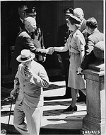 Harry Truman saying goodbye to Mary Churchill after meeting at his residence during Potsdam Conference, Germany, 16 Jul 1945; note presence of Winston Churchill, William Leahy, Dwight Eisenhower, and Harry Vaughn