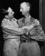 Douglas MacArthur embracing Jonathan Wainwright, Hotel New Grand, Yokohama, Japan, 31 Aug 1945