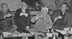 High school teacher Koichiro Toyama toasted by former students including War Minister Seishiro Itagaki (first from left) and Naval Minister Mitsumasa Yonai (first on right), Tokyo, Japan, 3 Jun 1939