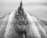 US battleship Alabama underway in Puget Sound, Washington, United States, 15 Mar 1945, photo 5 of 5; aerial stern view, note empty float plane catapults