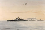 Watercolor by Edward Tufnell depicting Renown, Malaya, and Ark Royal, 1941