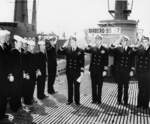 Commander C. P. Callahan and Captain B. E. Bacon, Jr. at the decommissioning ceremony of USS Barbero, Mare Island Naval Shipyard, Vallejo, California, United States, 30 Jun 1950, photo 1 of 2