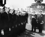 Commander C. P. Callahan and Captain B. E. Bacon, Jr. at the decommissioning ceremony of USS Barbero, Mare Island Naval Shipyard, Vallejo, California, United States, 30 Jun 1950, photo 2 of 2