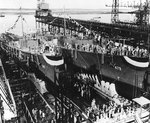 Bell sliding down the building ways after being christened at the Charleston Navy Yard, South Carolina, 24 Jun 1942