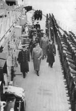 Adolf Hitler inspecting battleship Bismarck with Admiral Günther Lutjens and Captain Ernst Lindemann, Gdynia (Gotenhafen), occupied Poland, 5 May 1941, photo 1 of 2