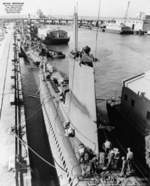 USS Caiman at Mare Island Naval Shipyard, California, United States, 25 Sep 1951; note USS Charr and USS Baya in background