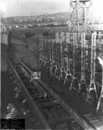 Keel of USS Cassin Young at Bethlehem Shipbuilding Corporation shipyard, San Pedro, California, United States, 18 Mar 1943