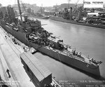 Detroit at the Mare Island Navy Yard, California, United States, 15 Aug 1942, photo 2 of 3; note destroyers Preston, Conyngham, Caldwell, and Walke in background