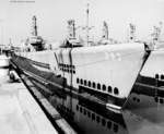 Submarines Dragonet, Spadefish, and others at Mare Island Naval Shipyard, Vallejo, California, United States, 13 Oct 1948