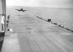 Corsair fighter landing on HMS Glory, off Rabaul, New Britain, 6 Sep 1945