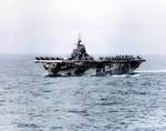 USS Hornet off Okinawa, Japan, 27 Mar 1945; note various aircraft on the flight deck