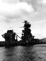 Hyuga sunken in shallow water, Kure, Japan, 9 Oct 1945