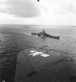 Battleship Indiana underway at sea in the Marshall Islands, 24 Jan 1944; note Camouflage Measure 32 Design 1B