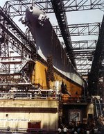 Battleship Iowa being prepared for launching, New York Navy Yard, New York, United States, late Aug 1942