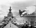 USS Iowa bombarding communist positions off northern Korea, 10 Sep 1952