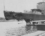 Light cruiser Jintsu damaged after colliding with destroyer Warabi during training exercise in night of 24 Aug 1927, Maizuru, Japan, circa 26 Aug 1927