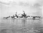 Louisville about to enter the Mare Island Navy Yard, California, United States for repairs, 6 Feb 1945; text on photograph denoted special attack damage sustained on 6 Jan 1945