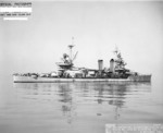 Minneapolis off Mare Island Navy Yard, California, United States after completion of overhaul and repairs, 4 Sep 1943; note camouflage meant to disguise her as a destroyer