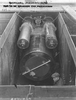 Installation of a gun of No. 3 turret of battleship North Carolina, New York Navy Yard, Brooklyn, New York, United States, 18 Nov 1940