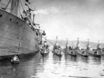 Submarine tender USS Camden with submarines R-1 and other R-class submarines, New York Harbor, New York, United States, early 1920s, photo 1 of 3