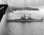 USS Saint Paul under the Golden Gate Bridge, San Francisco, California, United States, Sep 1951