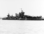 USS San Francisco at Mare Island Navy Yard, California, United States, 14 Dec 1942; note circles marking shell damage during Naval Battle of Guadalcanal of 13 Nov 1942