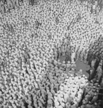 British Admiral Louis Mountbatten speaking to the officers and men of USS Saratoga at Colombo, Ceylon (now Sri Lanka), 30 Apr 1944