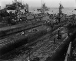 USS Spot, USS Sea Fox, and USS Queenfish at Saipan, Mariana Islands, Mar 1945