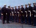 Captain Forrest P. Sherman inspecting the US Marine Corps detachment aboard carrier Wasp, San Diego, United States, Jun 1942