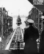 Launching of submarine Whale, Mare Island Navy Yard, Vallejo, California, United States, 14 Mar 1942, photo 2 of 3