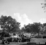 German pilot descending to the ground in parachute, near Anzio, Italy, 21 Mar 1944; note Humber Reconnaissance Car Mk III in foreground