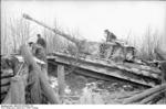 German PzKpfw VI Tiger I heavy tank in Russia, either in a defensive position or stuck in an anti-tank ditch, spring 1943