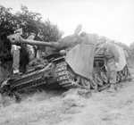 British officers inspecting a PzKpfw IV tank destroyed by the UK Durham Light Infantry, Normandy, France, 11 Jun 1944