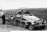 German General Heinz Guderian (in SdKfz. 251/3 halftrack vehicle) speaking with General Adolf Kuntzen of 8th Panzer Division, France, May 1940