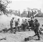 British 4.5 inch gun and crew of 211 Battery, 64th Medium Regiment, Royal Artillery in action near Tilly-sur-Seulles, France, 13 Jun 1944