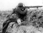 US machine gun crew firing a Lewis machine gun during WW1, circa 1918