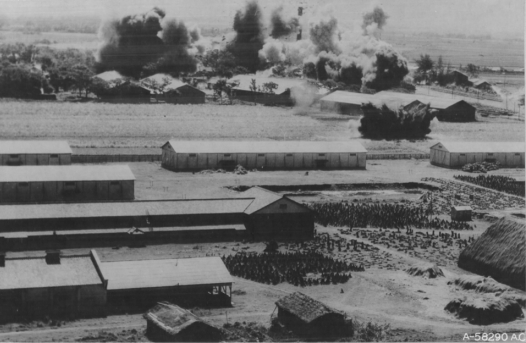 Keishu sugar plant under US aerial attack, Shoka (now Changhua), Taiwan, 17 May 1945, photo 2 of 2