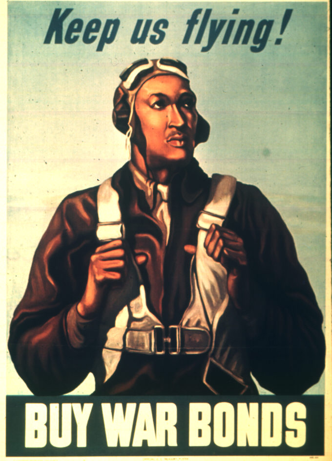 American poster to promote sale of war bonds, featuring an African-American US Army Tuskegee pilot, possibly Lt Robert W. Diez, 1943; the text reads 'Keep us flying!  BUY WAR BONDS'