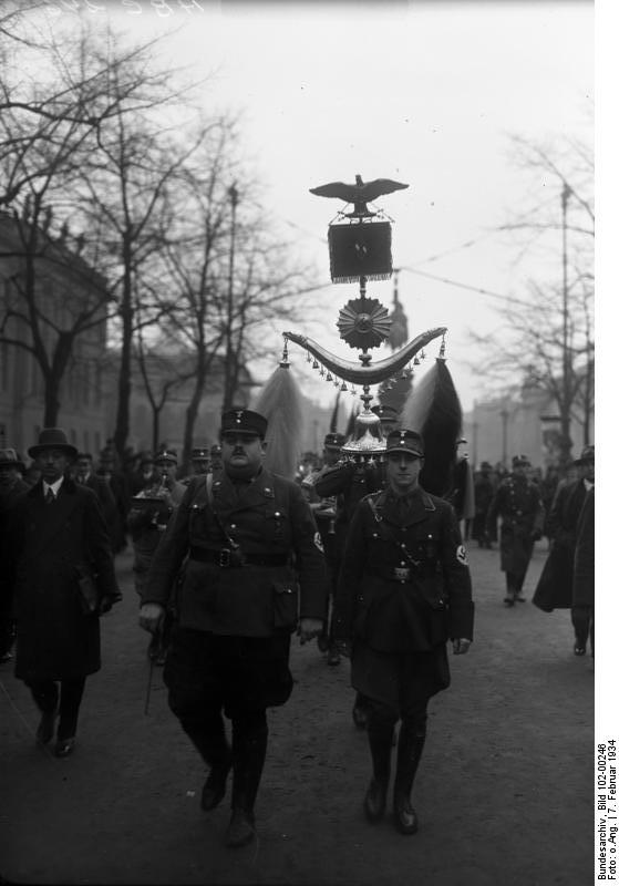 Members of the Nazi Party Studen League on march along the Unter den Linden, Berlin, Germany, 7 Feb 1934