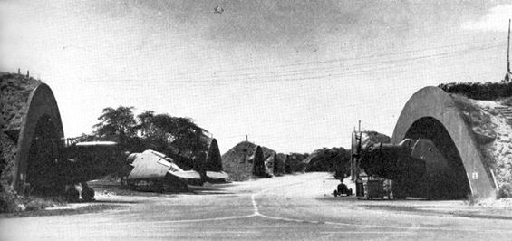 TBM Avenger aircraft in covered concrete revetments at Marine Corps Air Station Ewa, US Territory of Hawaii, 1940s