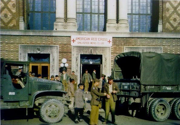 US troops gathering in front of the American Red Cross building on Nanjing Road, Shanghai, China, 1945