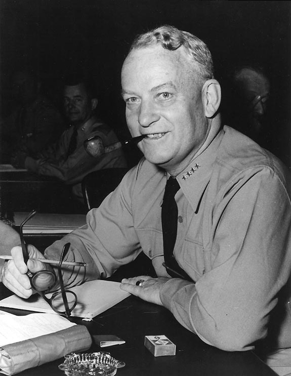 Admiral Burke at the Naval War College, Newport, Rhode Island, United States, circa late 1950s; note Rear Admiral William Smedberg in background