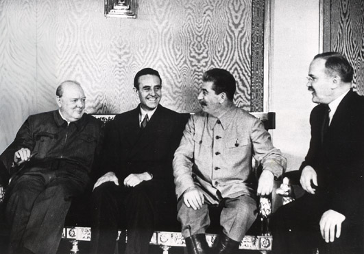 Winston Churchill, W. Averell Harriman, Joseph Stalin, and Vyacheslav Molotov at Fourth Moscow Conference, Russia, Oct 1944, photo 2 of 2